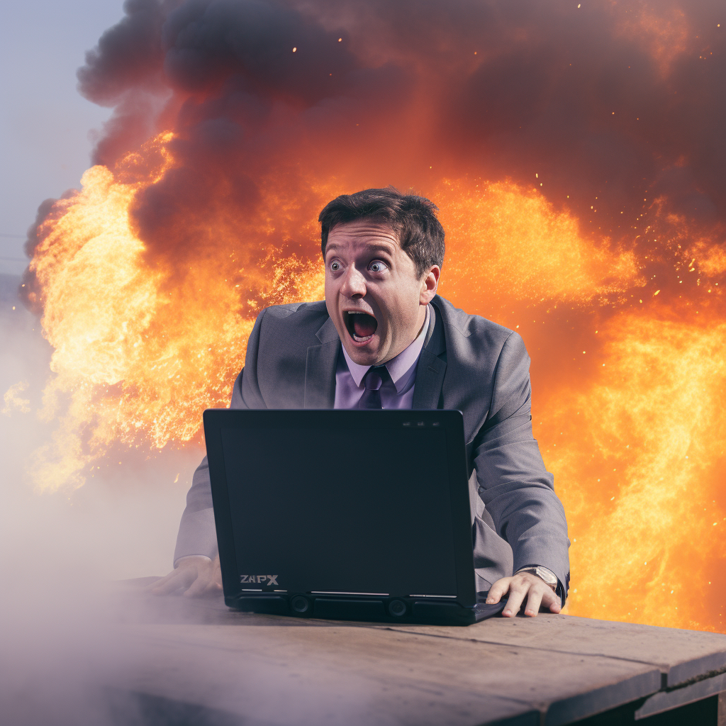 A person at a laptop with a surprised face, surrounded by fire and smoke or dust.