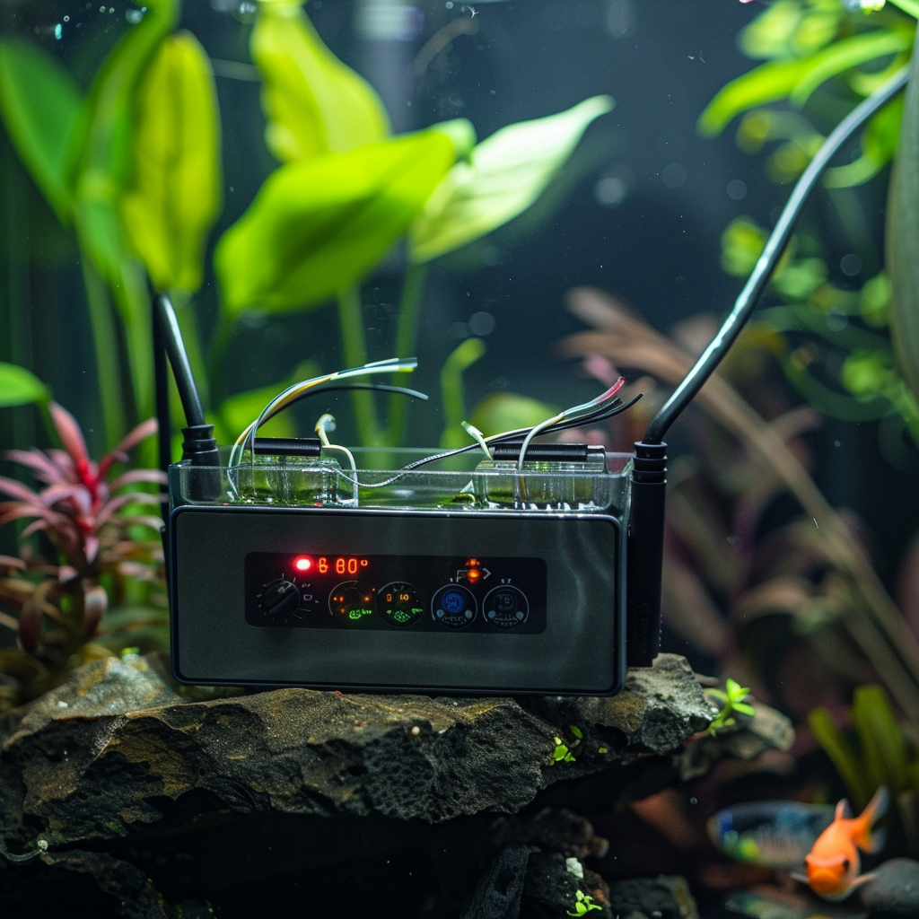 a midjourney created image of a fish tank featuring an imagined electronic monitoring device