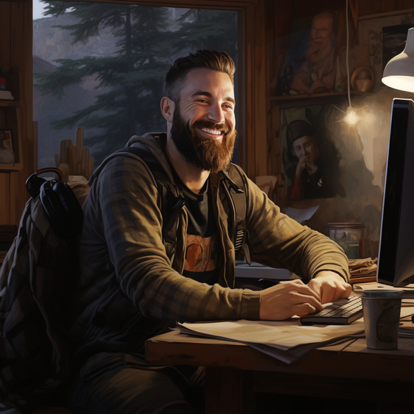 A person with a beard sitting at a desk smiling.